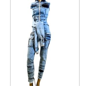 NWT Highlight Blue Denim Jumpsuit Overalls Y2K Sz S-M Women